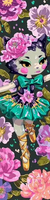 Free kawaii cats bookmark featuring a cat wearing a turquoise dress